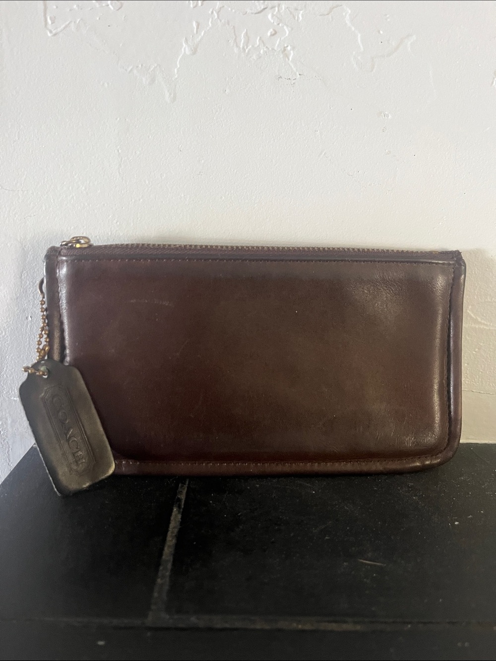 Coach Vintage Dark Brown Leather Zip Wallet with Branded Tag